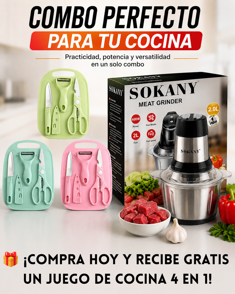 Picatodo Eléctrico Sokany 2L + Set de Cocina Premium 4 en 1 GRATIS